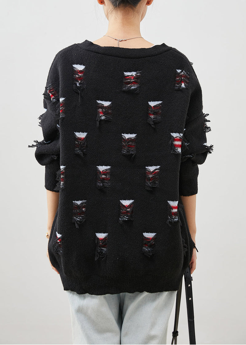 Black Oversized Ripped Thick Knit Coat Spring