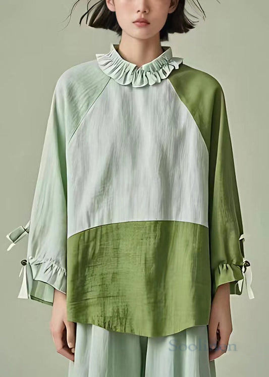 Stylish Light Green Ruffled Patchwork Cotton Blouses Long Sleeve