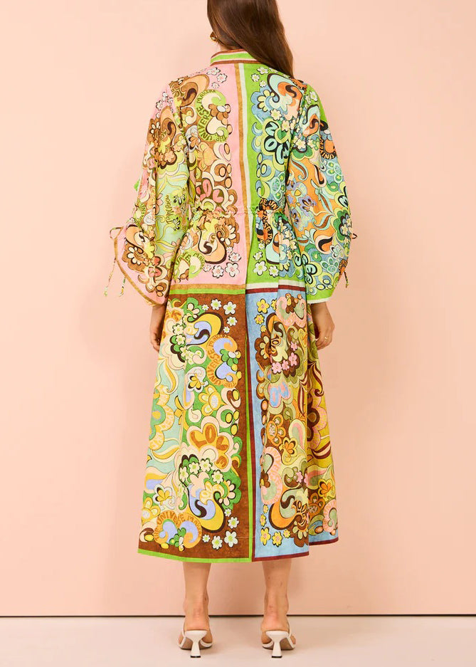 Green Lace Up Print Pockets Cotton Shirts Dress Spring