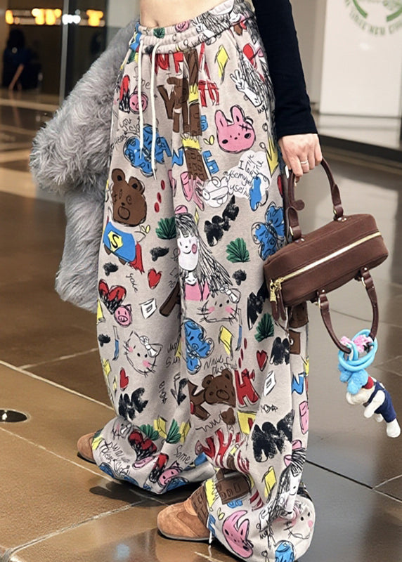 Grey Oversized Print Cotton Wide Leg Pants Spring