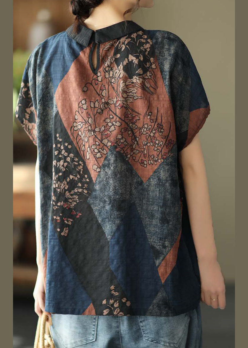 Diy Peter Pan Collar Print Linen Blouse Tops Short Sleeve
