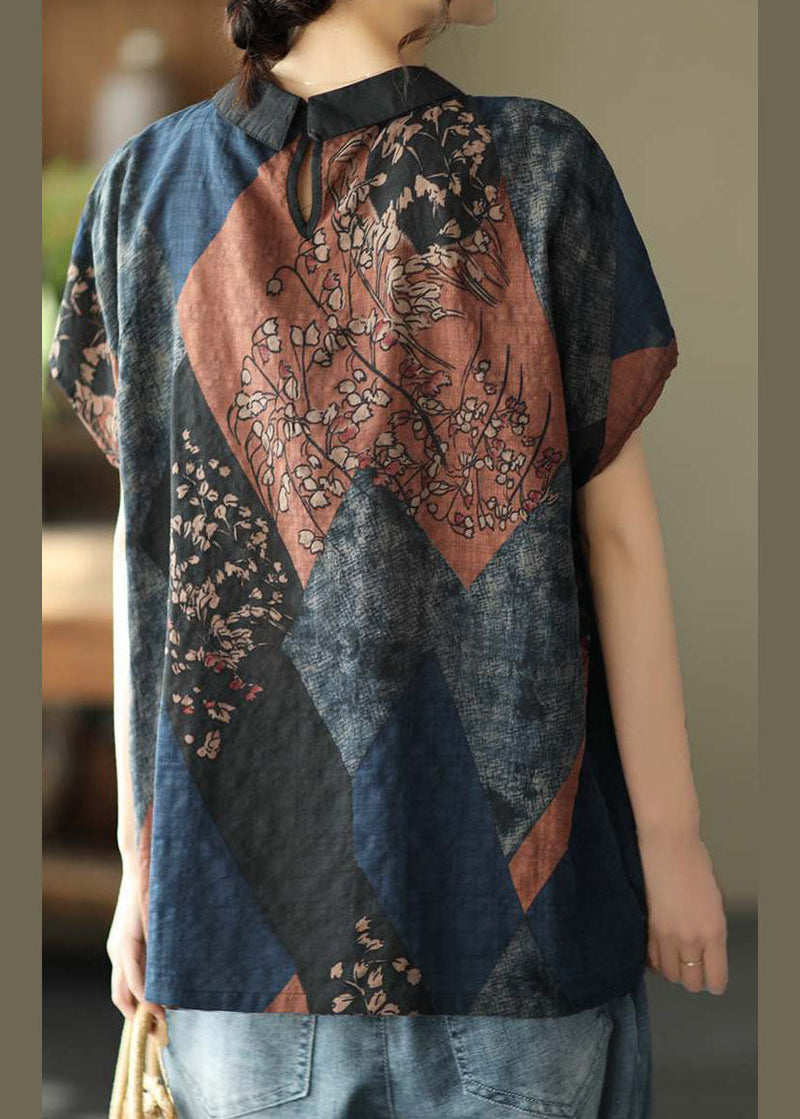 Diy Peter Pan Collar Print Linen Blouse Tops Short Sleeve