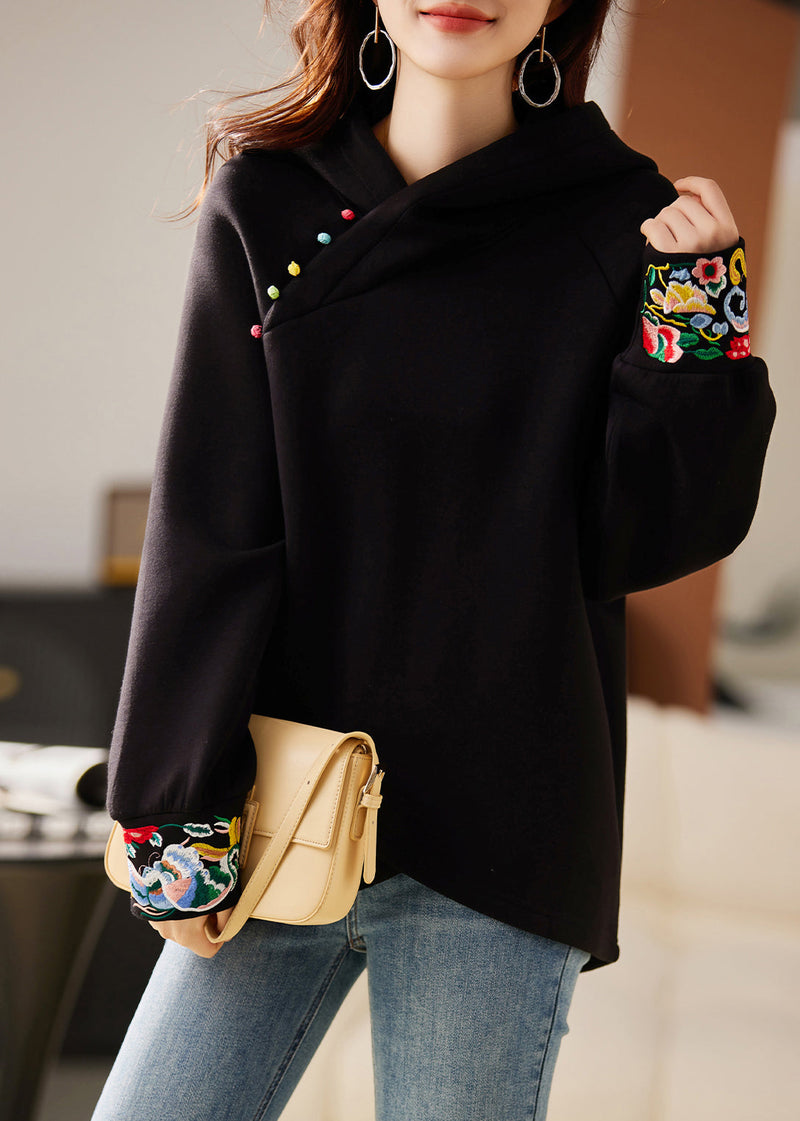Boutique Black Hooded Embroideried Warm Fleece Sweatshirts Top Spring