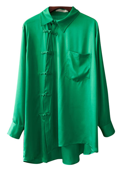 Green Peter Pan Collar Pockets Button Silk Shirt Long Sleeve