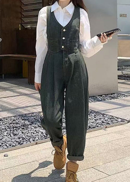 Slim Fit Denim Blue Button Pockets High Waist Jumpsuits Sleeveless