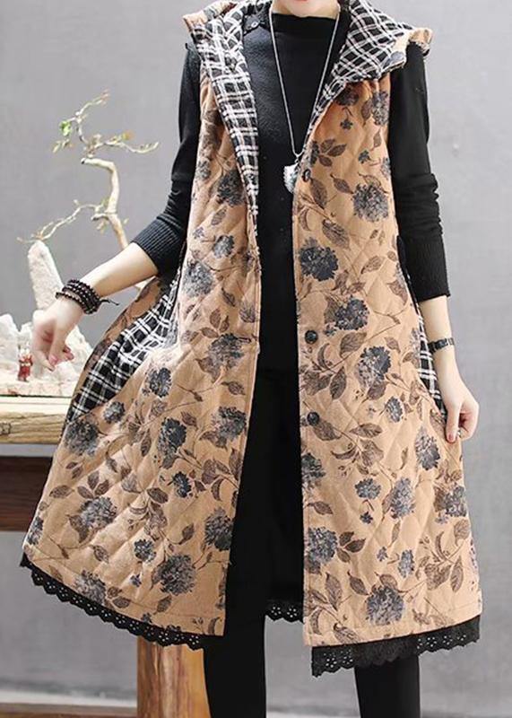 Loose Fitting Coats Yellow Print Hooded Sleeveless Coat