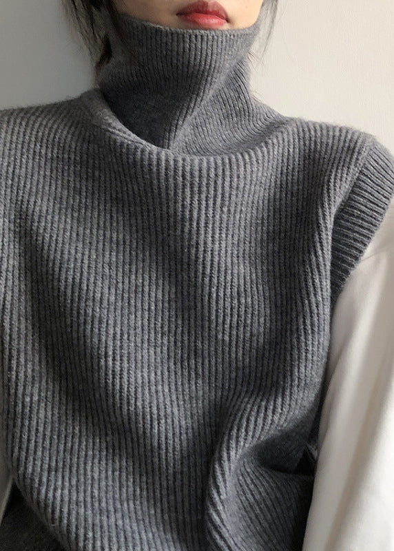 French Grey Hign Neck Versatile Knit Vest Sleeveless