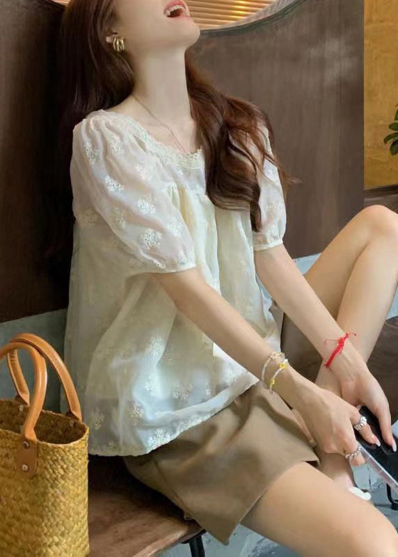 Apricot Square Collar Embroidered Cotton T Shirt Summer