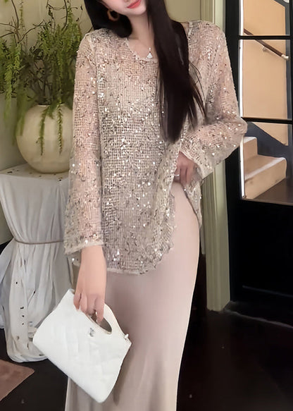Handmade Beige O Neck Hollow Out Sequins Knit T Shirt Summer