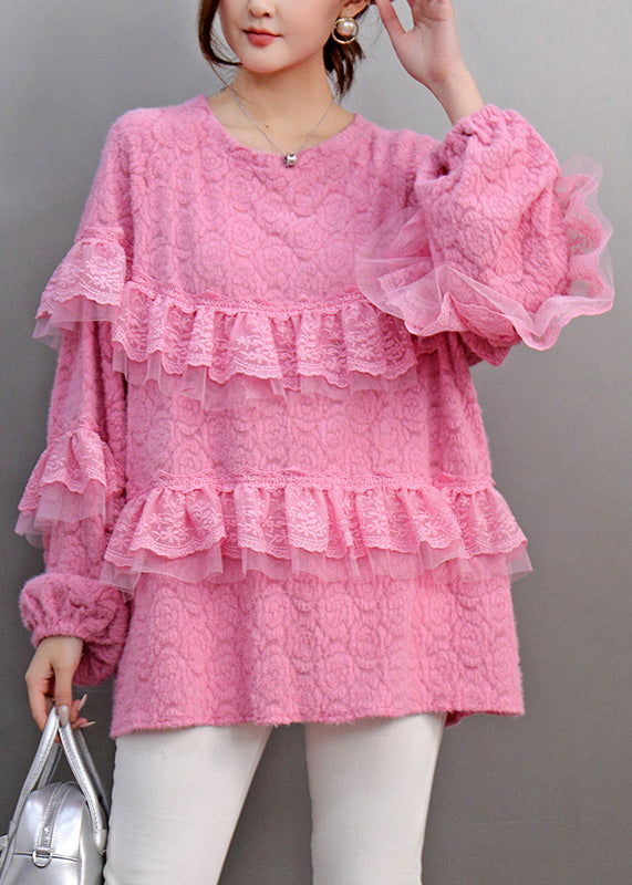 Natural Pink O-neck Ruffled Lace Patchwork Tops Lantern Sleeve