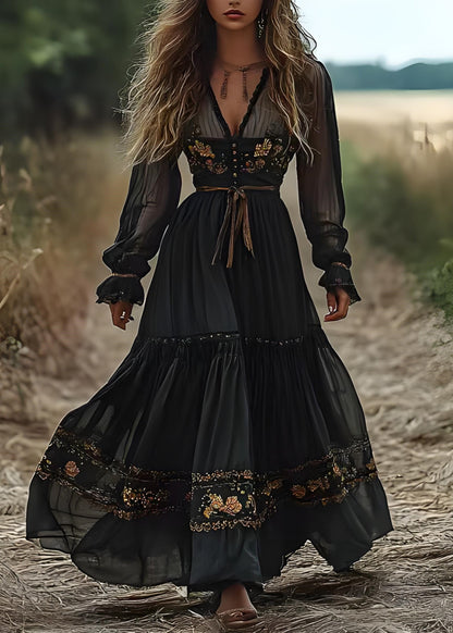 Blackish Green V Neck Wrinkled Patchwork Chiffon Long Dress Spring
