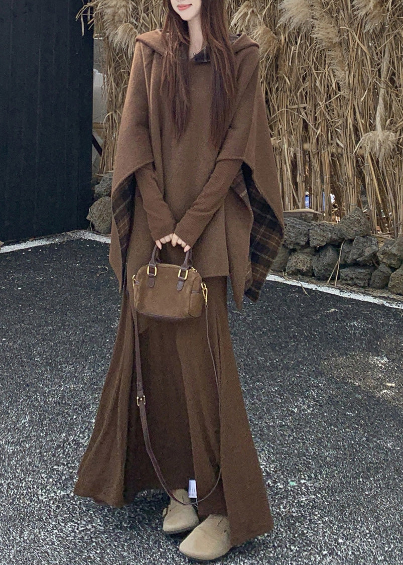 Plaid Wear on Both Sides Coats and Long Dress Two Pieces Set Cloak Sleeve