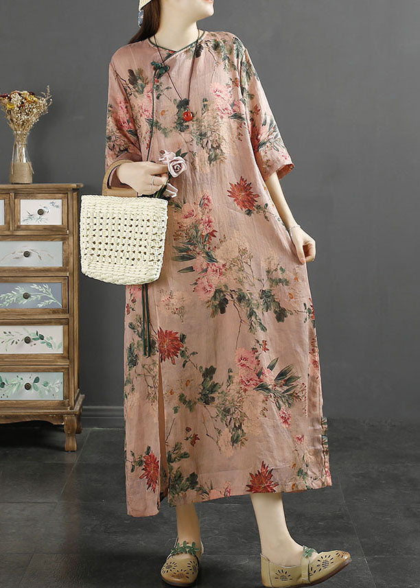 Pink Tasseled Print Patchwork Linen Dresses Summer