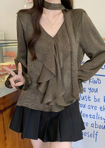 Tea Green V Neck Ruffles Chiffon Tops Fall