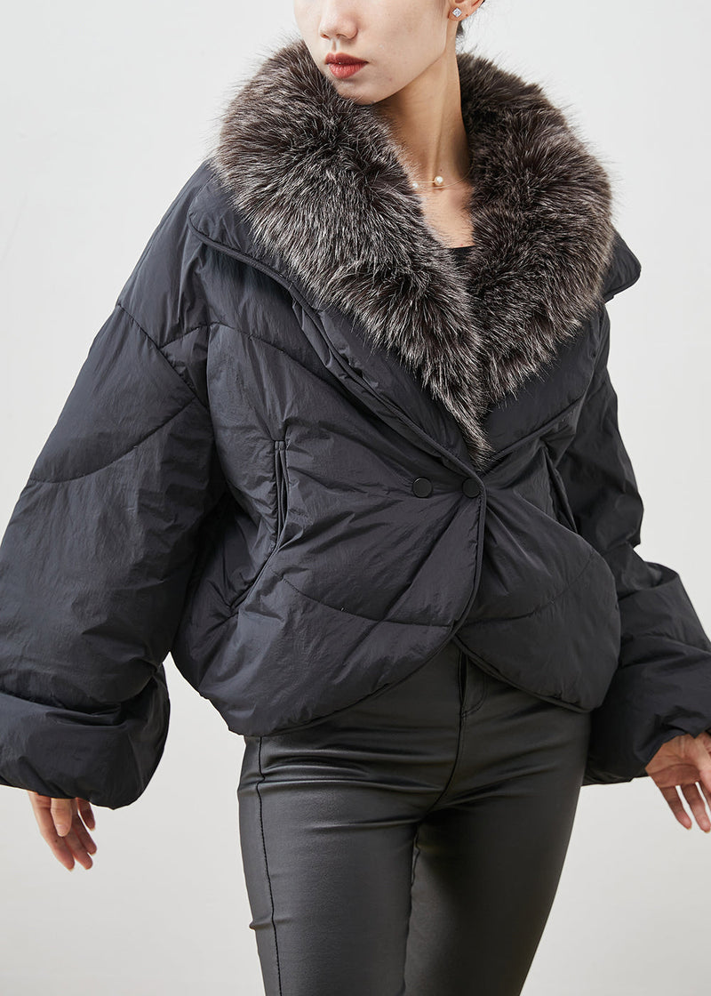 Black Rabbit Hair Collar Warm Duck Down Puffer Jacket Winter