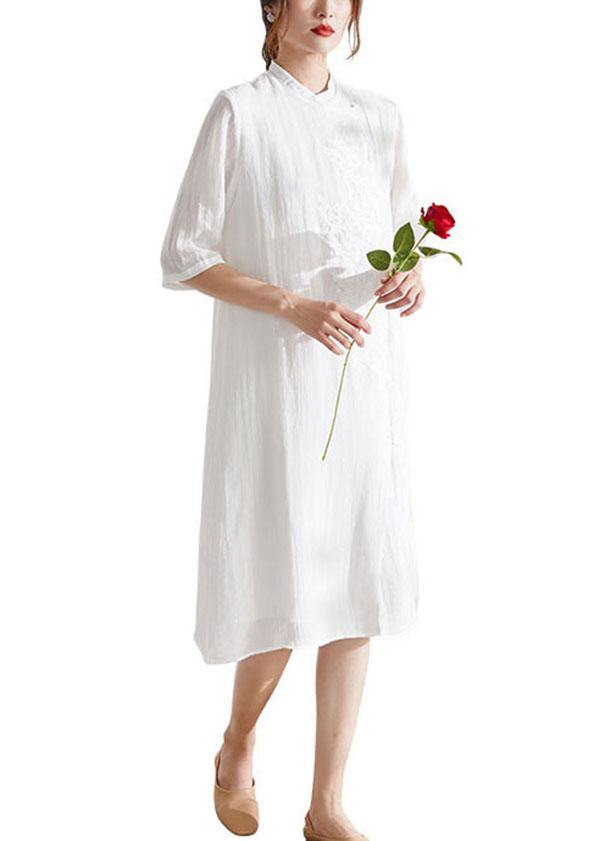 White Mandarin Collar Embroideried a Line Summer Ramie Holiday Dress Half Sleeve