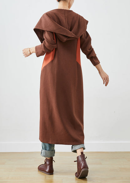 Chocolate Hooded Asymmetrical Patchwork Cotton Coat Fall