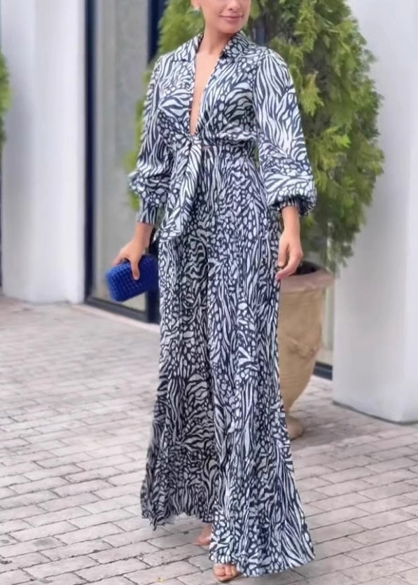 V Neck Print Wide Leg Jumpsuit Spring