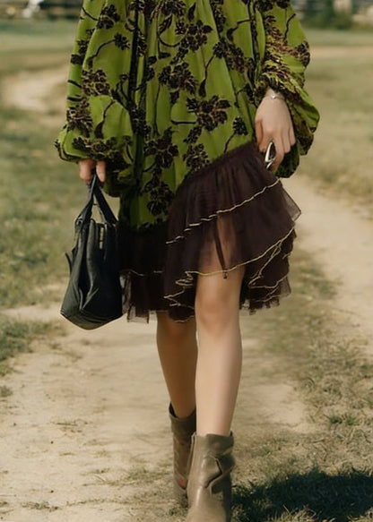 Green Flocking Print Tulle Patchwork Mid Dress Lantern Sleeve