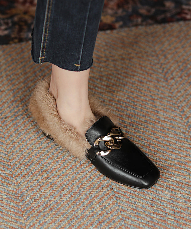 Brown Penny Loafers Cowhide Leather Splicing Fuzzy Wool Lined