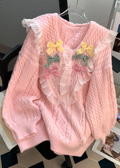 Pink Peter Pan Collar Patchwork Cotton Knit Sweaters Fall