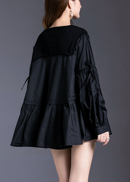 Black Asymmetrical Patchwork Cotton Tops Spring