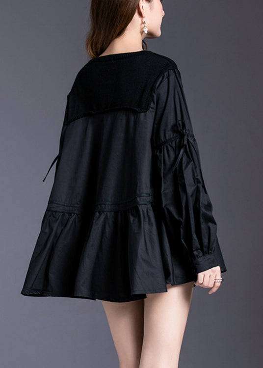 Black Asymmetrical Patchwork Cotton Tops Spring