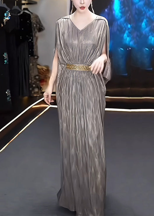 Grey V Neck High Waist Silk Long Dresses Summer