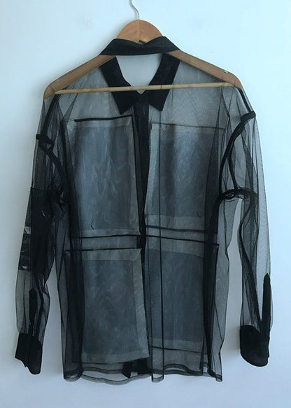 Black Print Button Tulle Blouse Summer