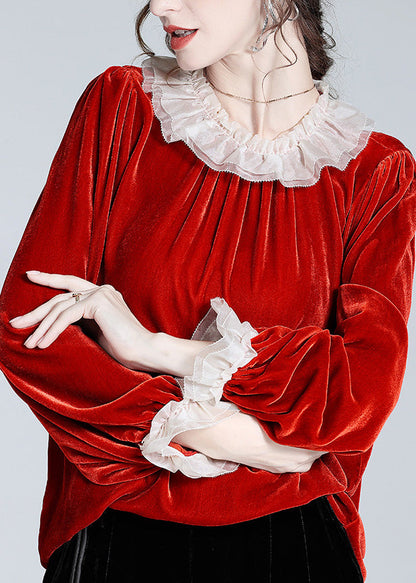 Mulberry O-neck Velour Tops Long Sleeve