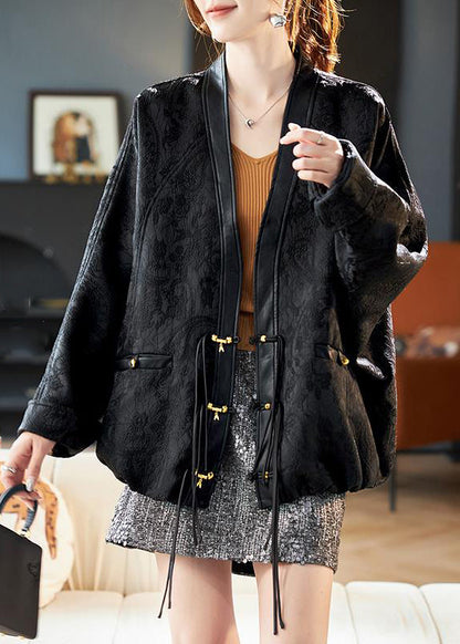 Jacquard Black V Neck Patchwork Coats Batwing Sleeve