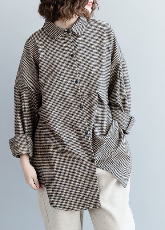 Chocolate Peter Pan Collar Plaid Woolen Top Spring