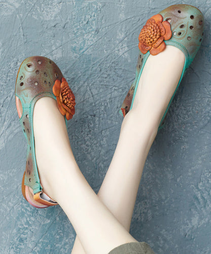 Green Cowhide Leather Hollow Out Flower Sandals