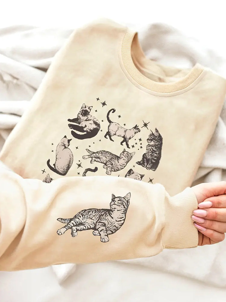 Cat Print Women's Crew Neck Sweatshirt elevenforest
