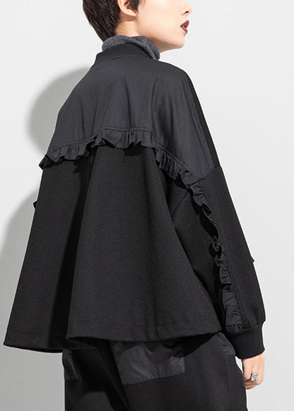 Black O-neck Zippered Pockets Patchwork Coat Long Sleeve