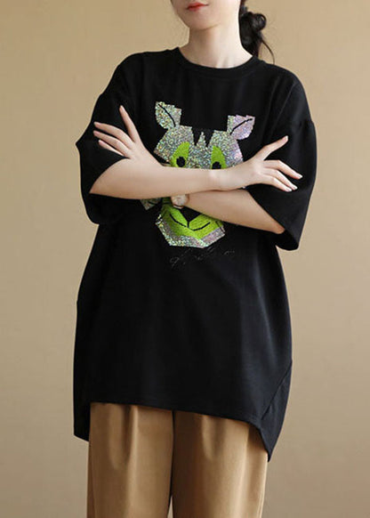 Loose Black O-neck Animal Print Side Open Cotton Tanks Short Sleeve