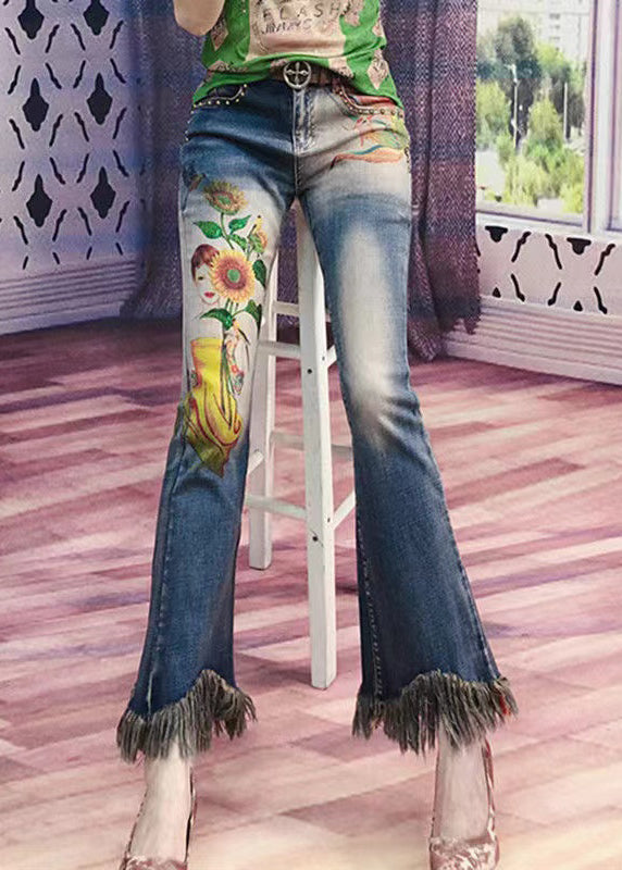 Blue Tasseled Pockets Print Denim Flare Bottoms Spring