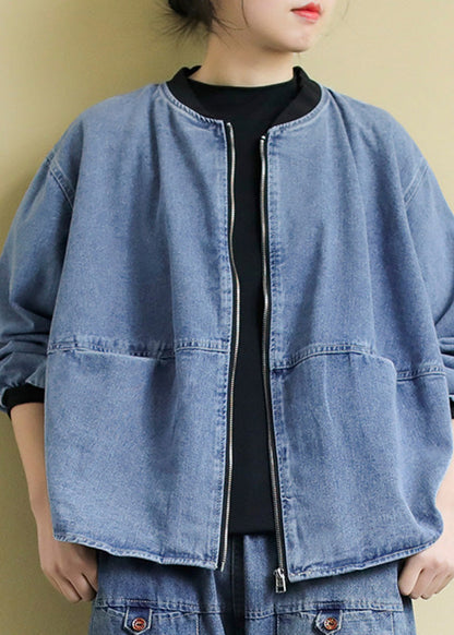 Blue O-neck Patchwork Zippered Denim Coats Spring