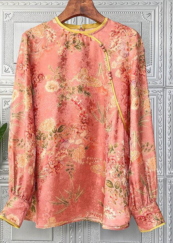 Handmade Orange O-neck Button Patchwork Chiffon Blouse Tops Long Sleeve