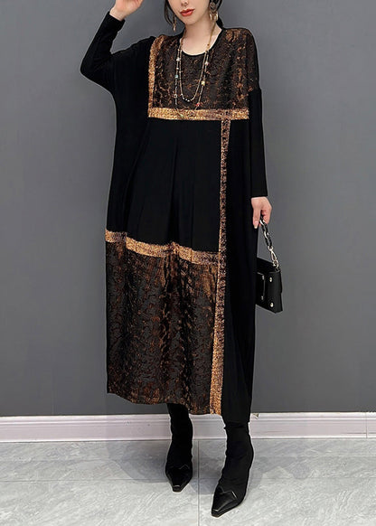 Black O Neck Organza Patchwork Cotton Dress Fall