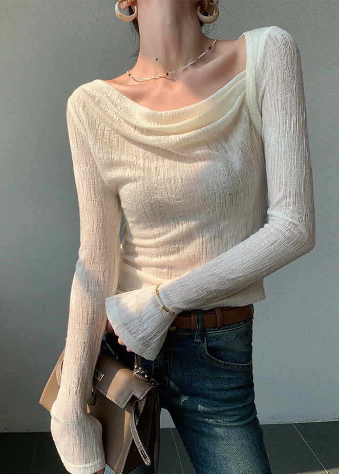 Modern White Turtle Neck Silm Fit Cotton Blouses Spring