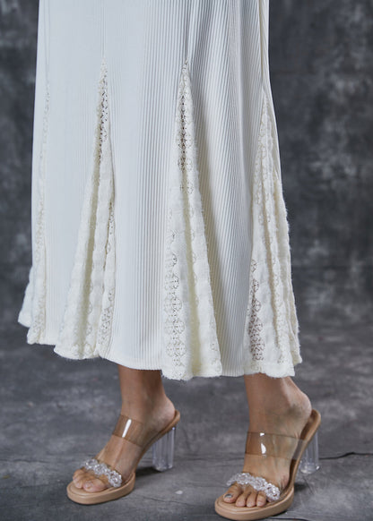 French White Stand Collar Patchwork Lace Knit Ankle Dress Spring