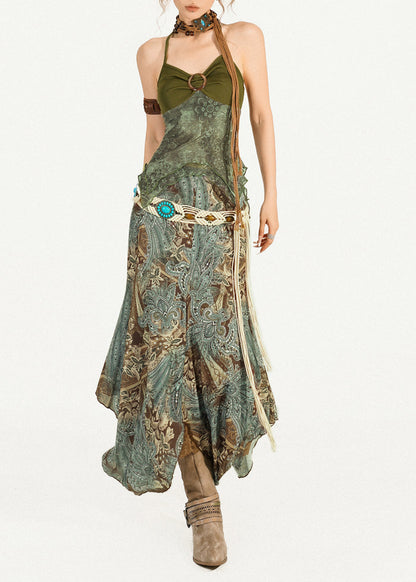 Green Print Top and Maxi Skirts Two Pieces Set Sleeveless