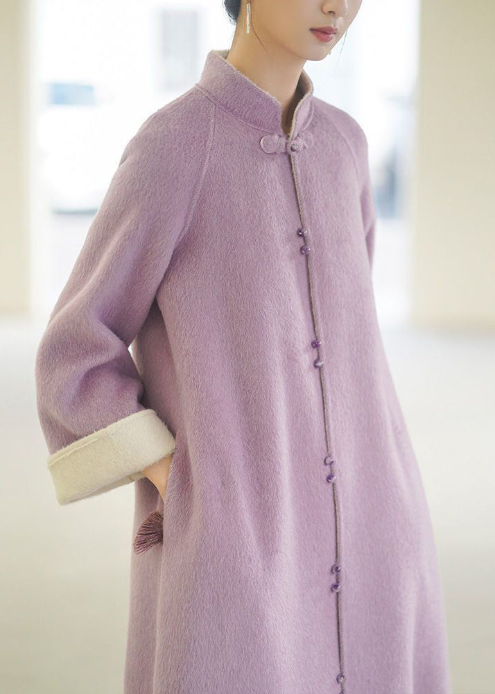 Purple Stand Collar Pockets Button Woolen Coats Winter