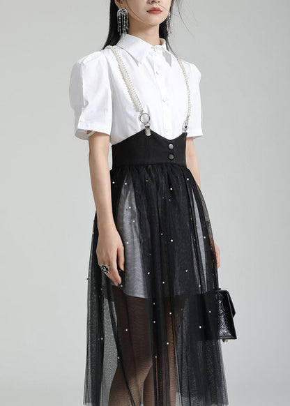 French White Peter Pan Collar Shirt Dresses and Tulle Skirt Two Pieces Set Summer