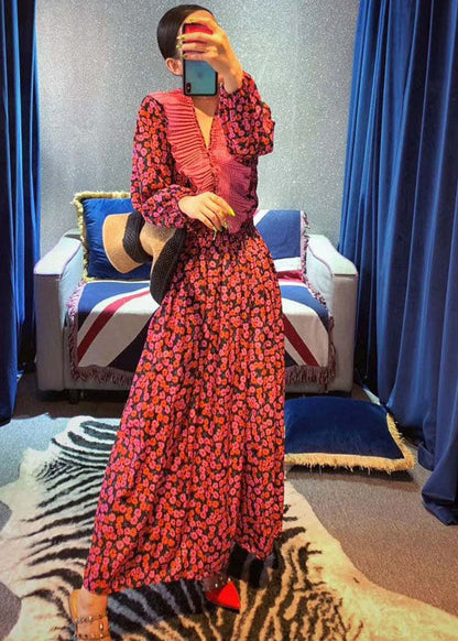 Red Ruffles V Neck Cinched Print Chiffon Long Dress Spring