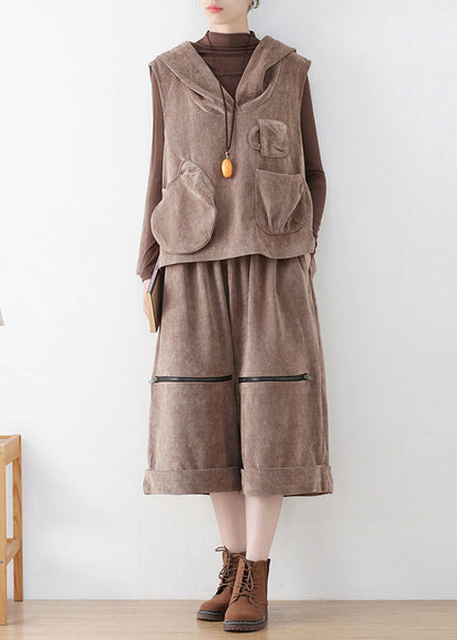 Khaki Velour Hooded Waistcoat and Crop Pants Two Pieces Set Fall