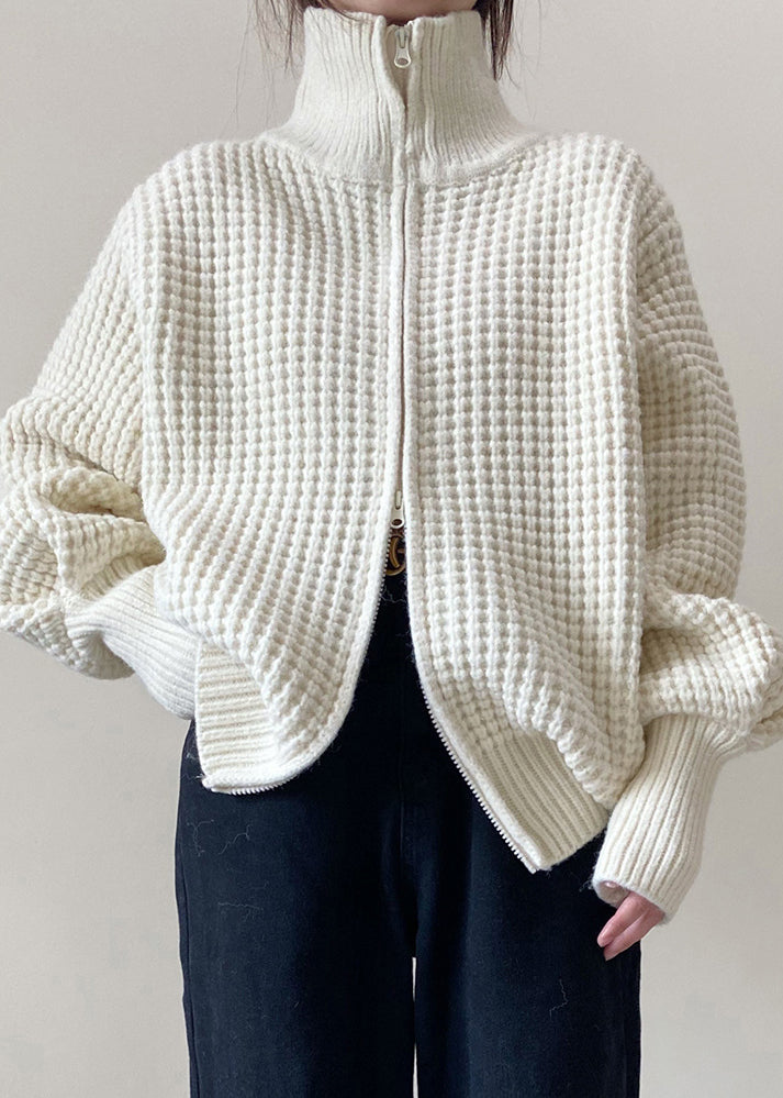 White Zip Up Plaid Knit Coat Spring