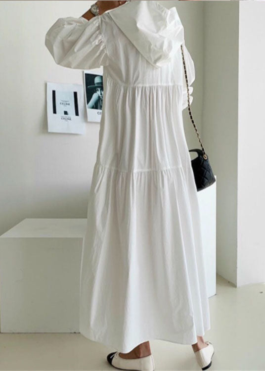 White Hooded Patchwork Cotton Maxi Dress Spring