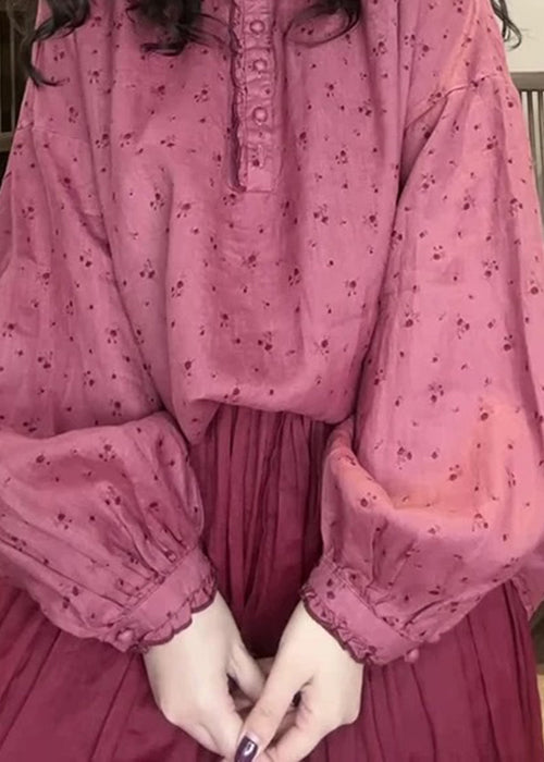 Pink Button Print Cotton Blouse Top Spring